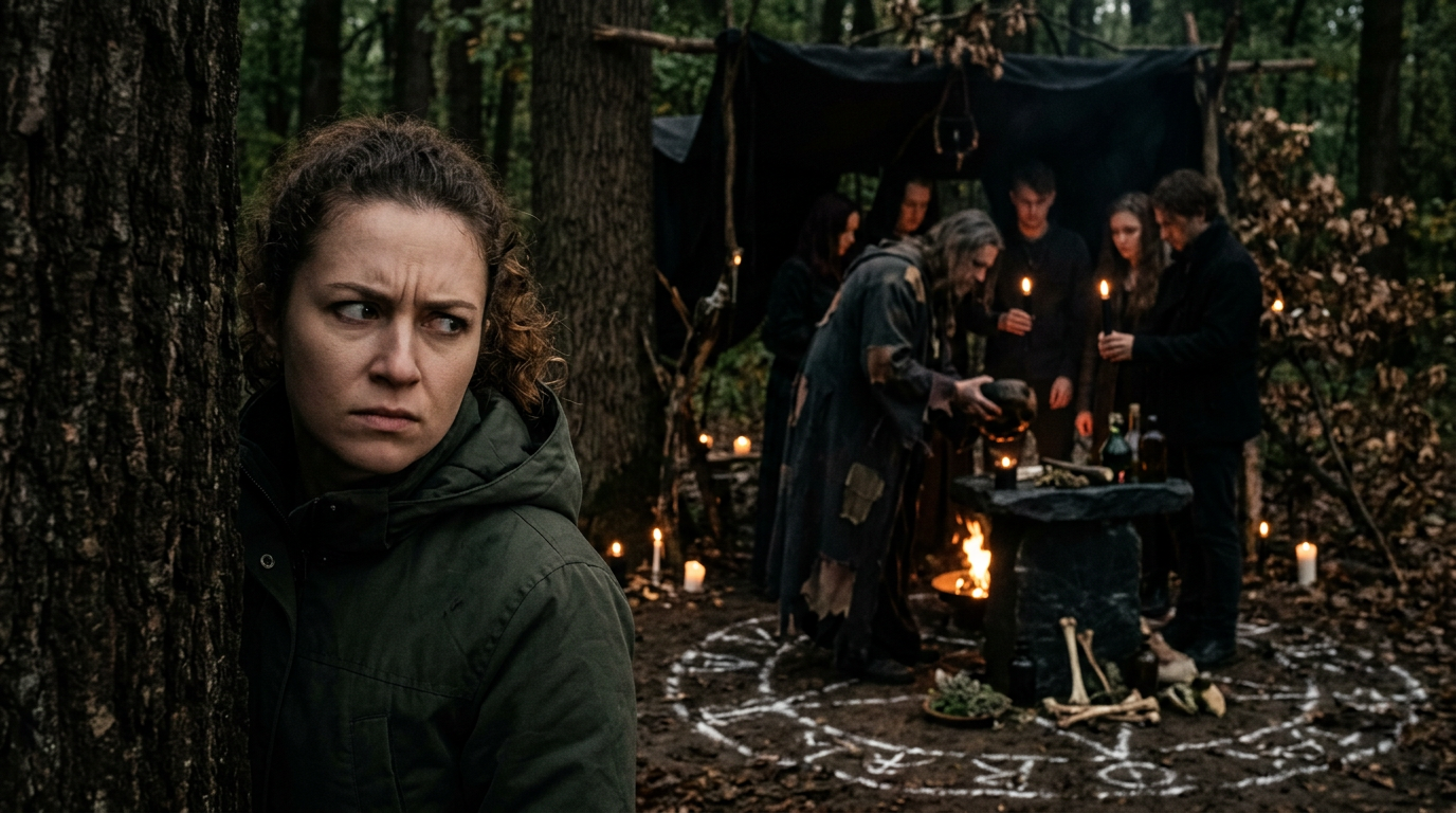 Woman in green jacket hiding behind tree watching people conducting a ritual with candles and bones in forest